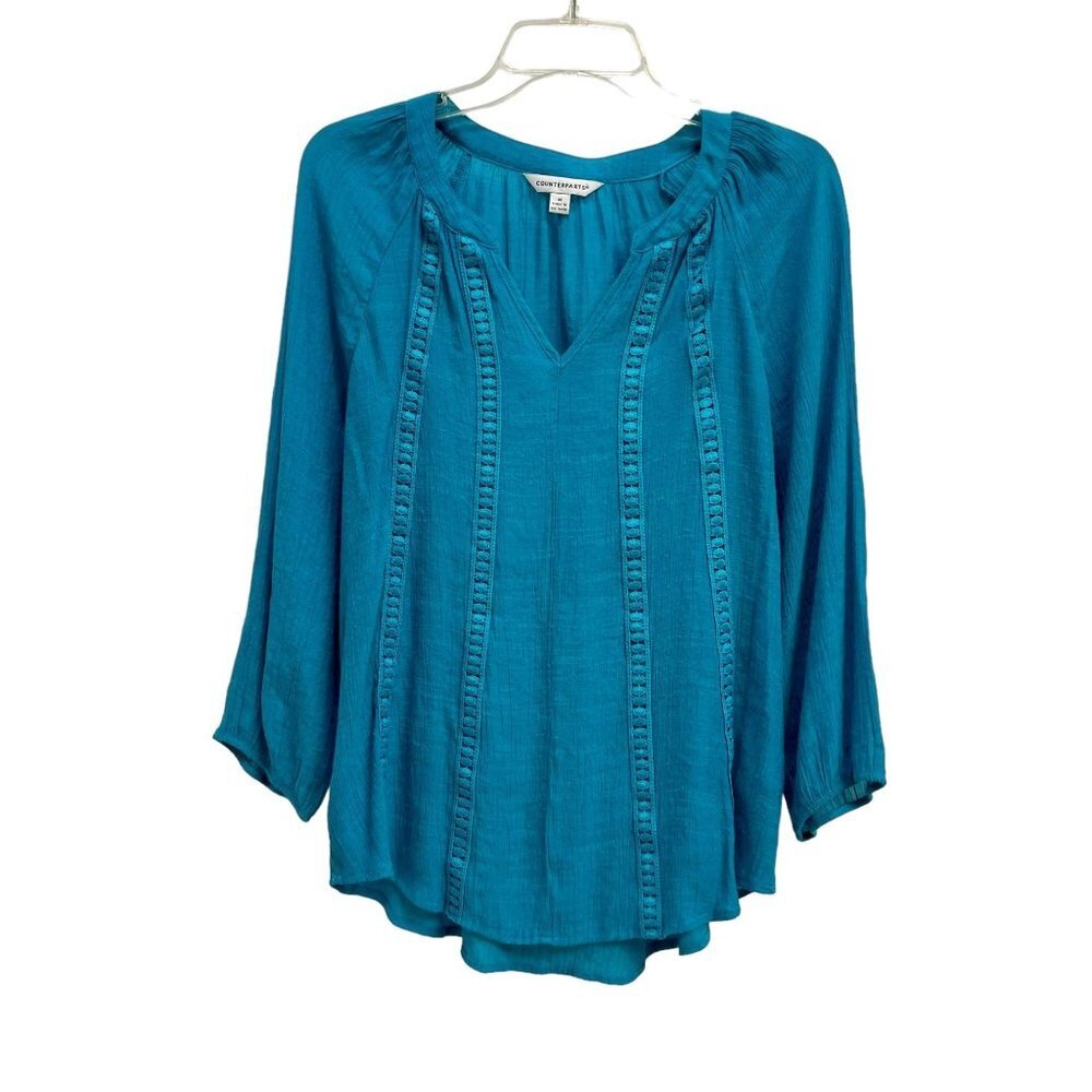 Counterparts Blue Knit Lace Trim Blouse 3/4 Sleeve Elastic Cuff Size M